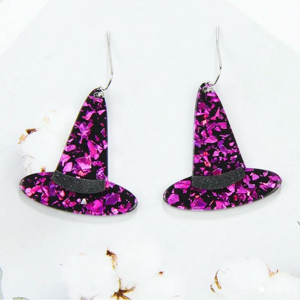 Dangle purple acrylic glitter witch hat earrings